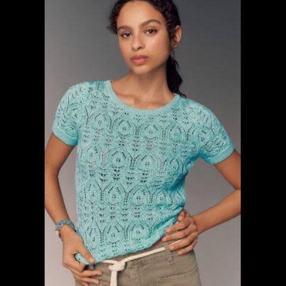 Brand New By Anthropologie Crochet Stitched Knitted T-Shirt - Picture 1 of 9